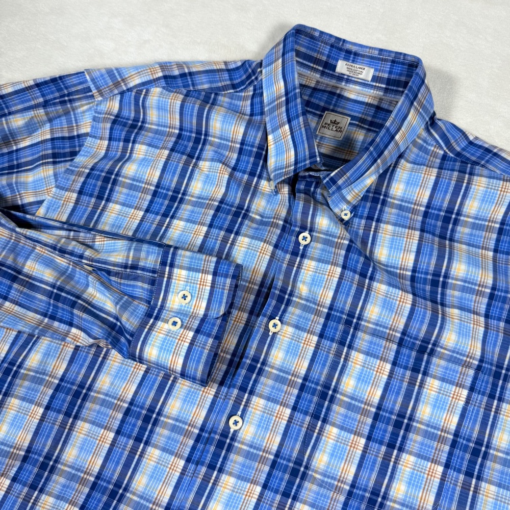 Peter Millar‎ Mens Extra Large Blue Plaid Button Down Long Sleeve Casual Shirt